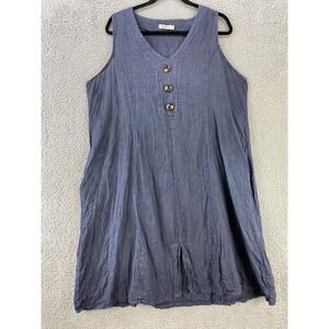 Alessia Pacini Dress Womens 1X Blue Linen Sleeveless V Neck Swing Made Italy